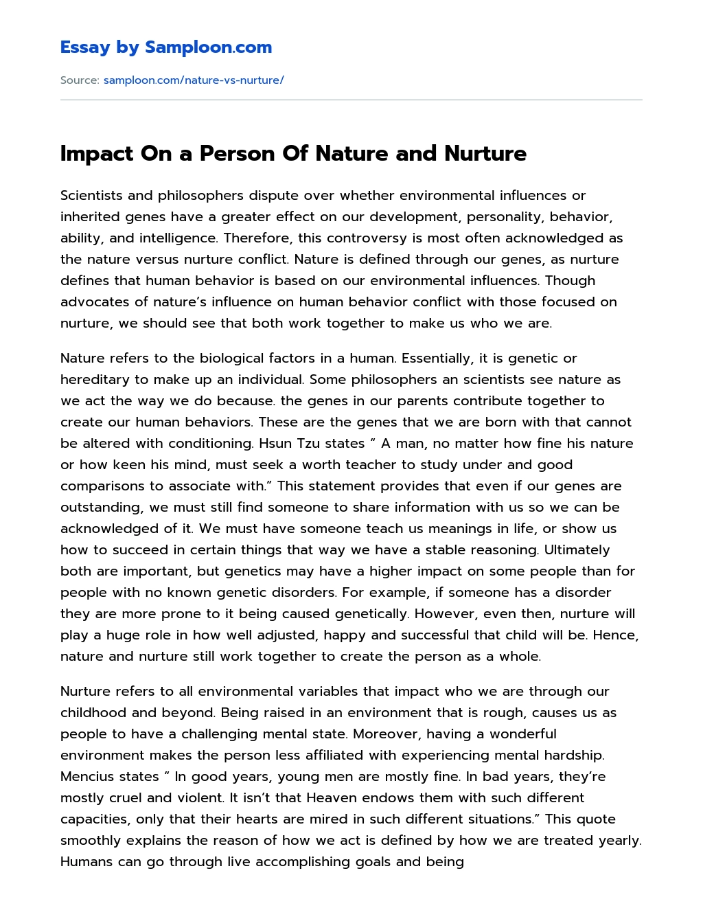 Impact On a Person Of Nature and Nurture essay