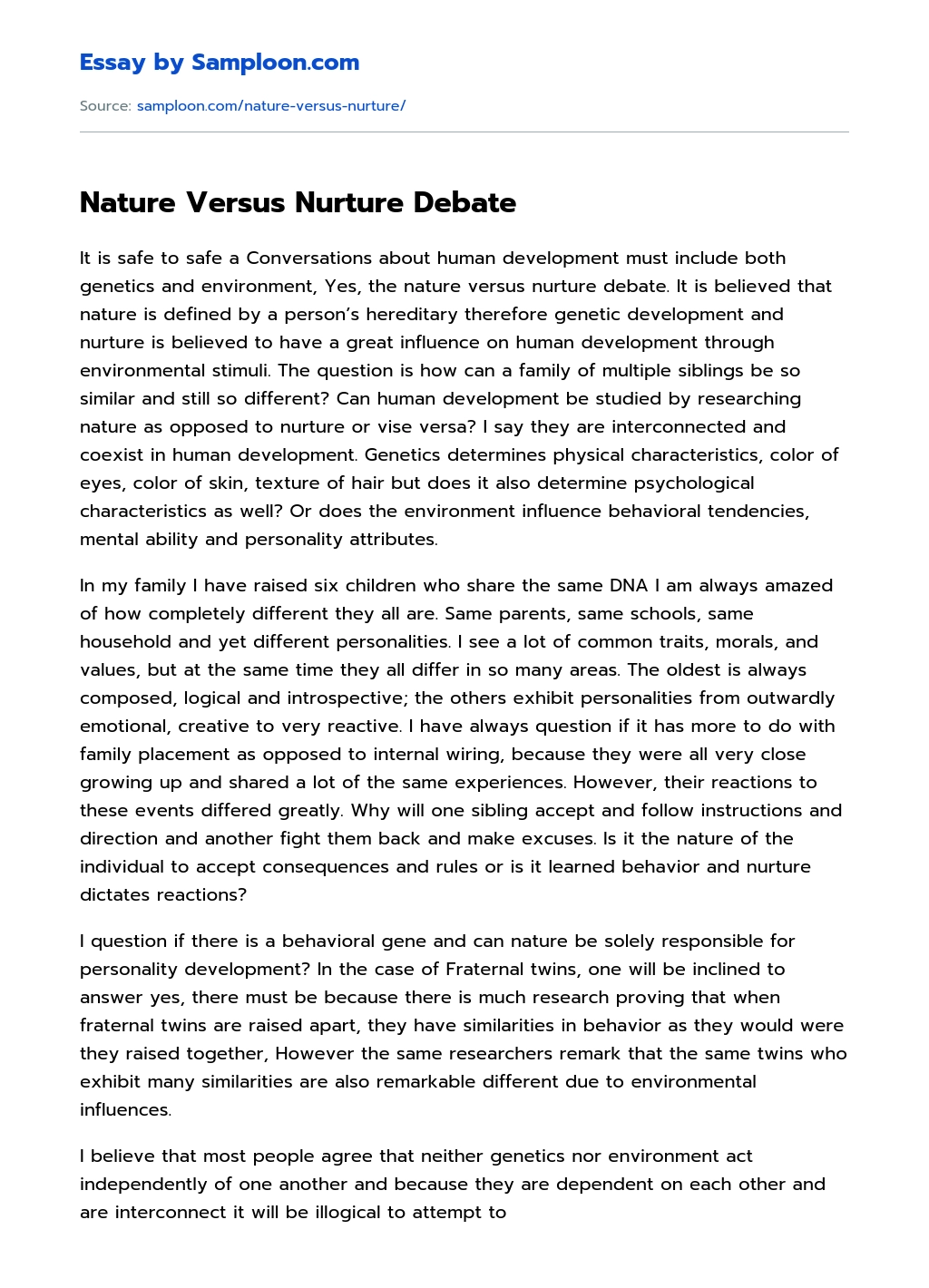 Nature Versus Nurture Debate essay
