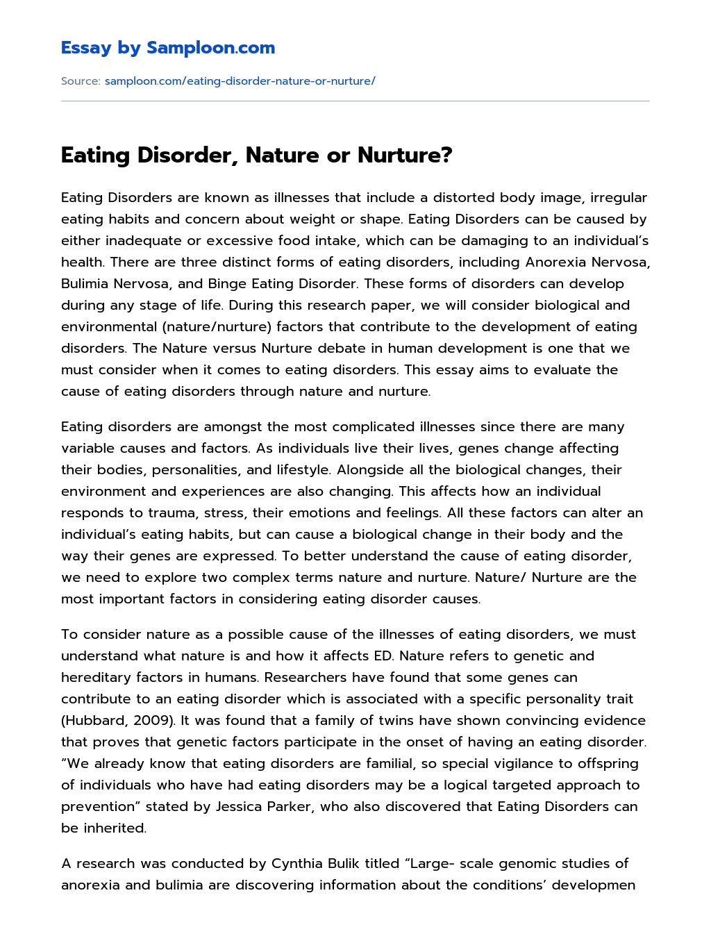 Eating Disorder, Nature or Nurture? Research Paper essay