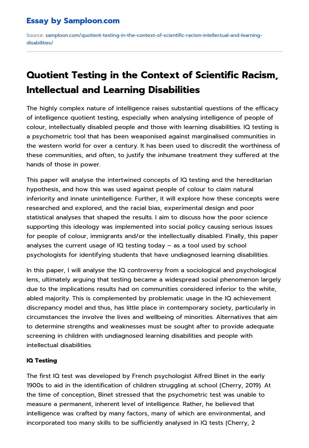 Quotient Testing in the Context of Scientific Racism, Intellectual and Learning Disabilities essay