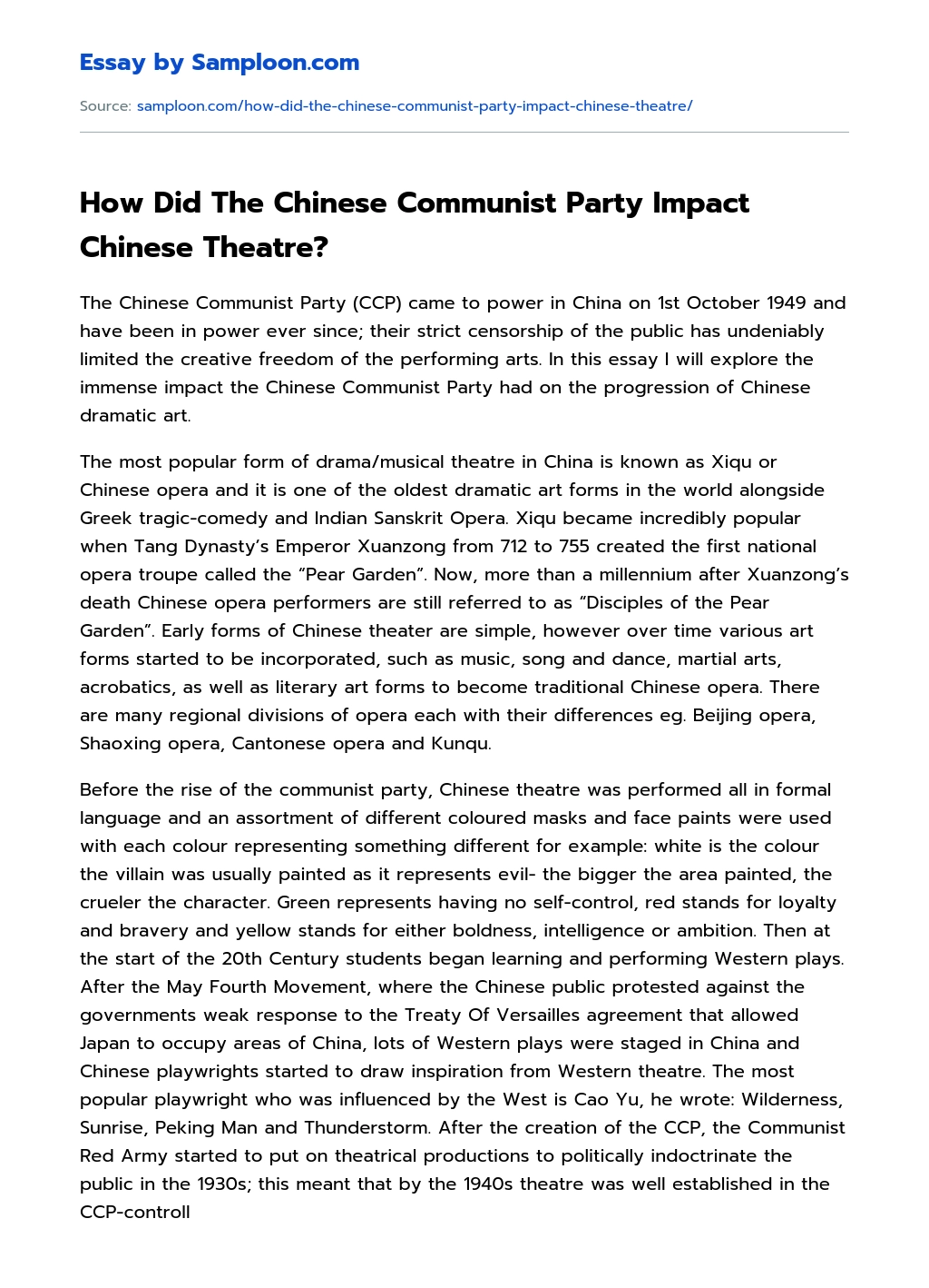 How Did The Chinese Communist Party Impact Chinese Theatre? essay