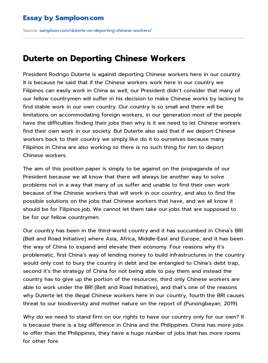 Duterte on Deporting Chinese Workers essay