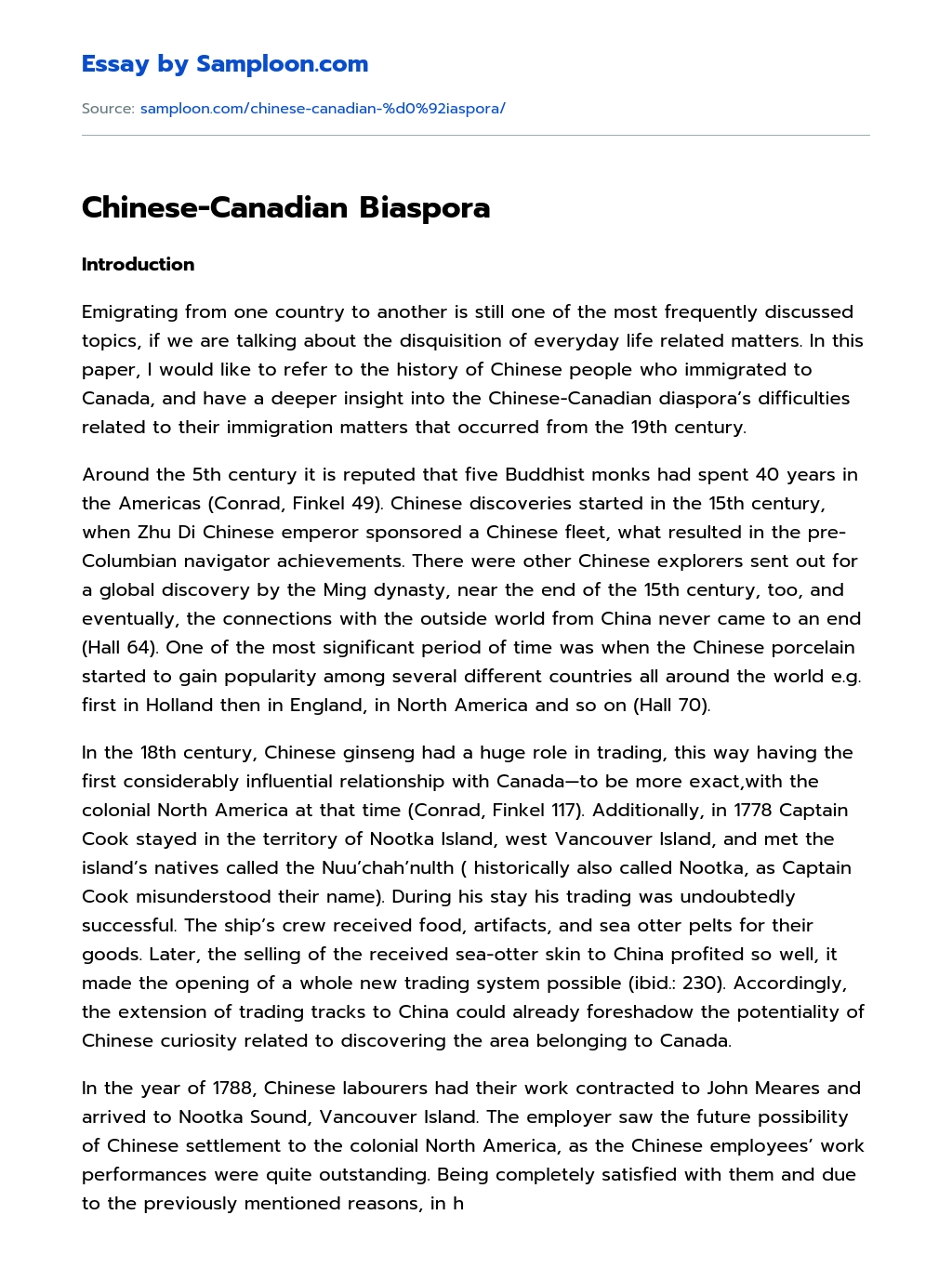 Chinese-Canadian Вiaspora essay