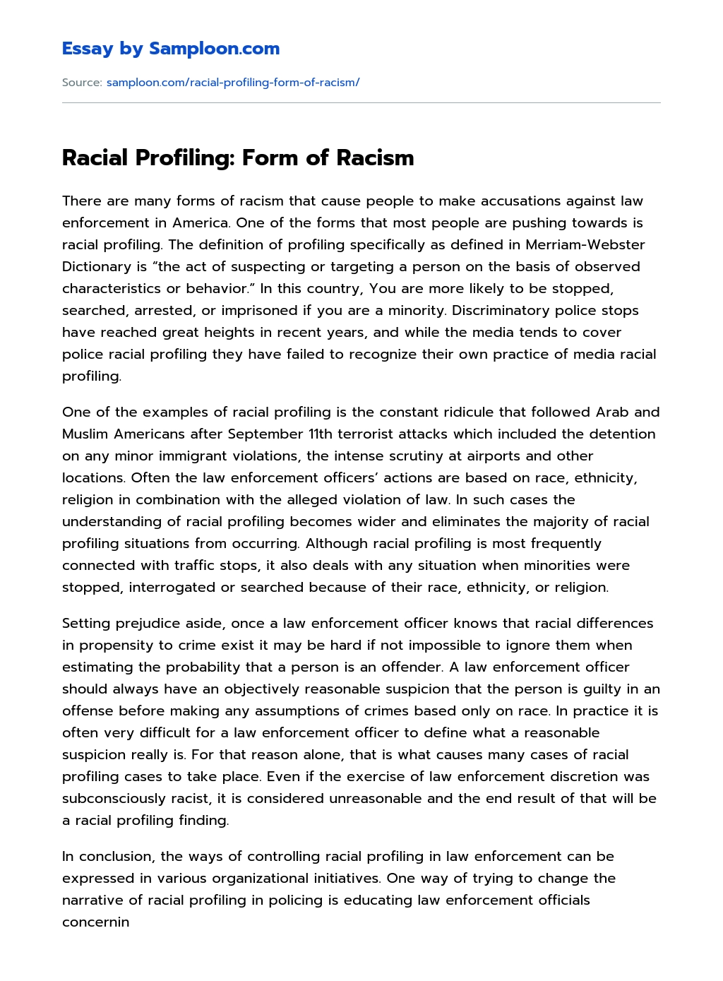 Racial Profiling: Form of Racism essay