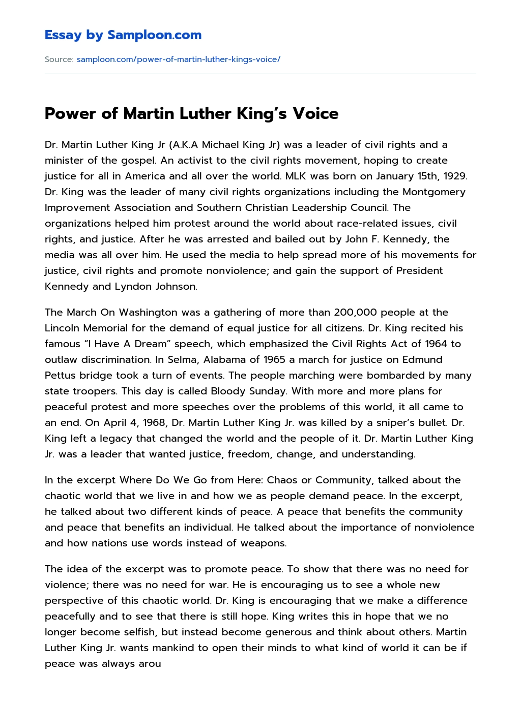 Power of Martin Luther King’s Voice essay