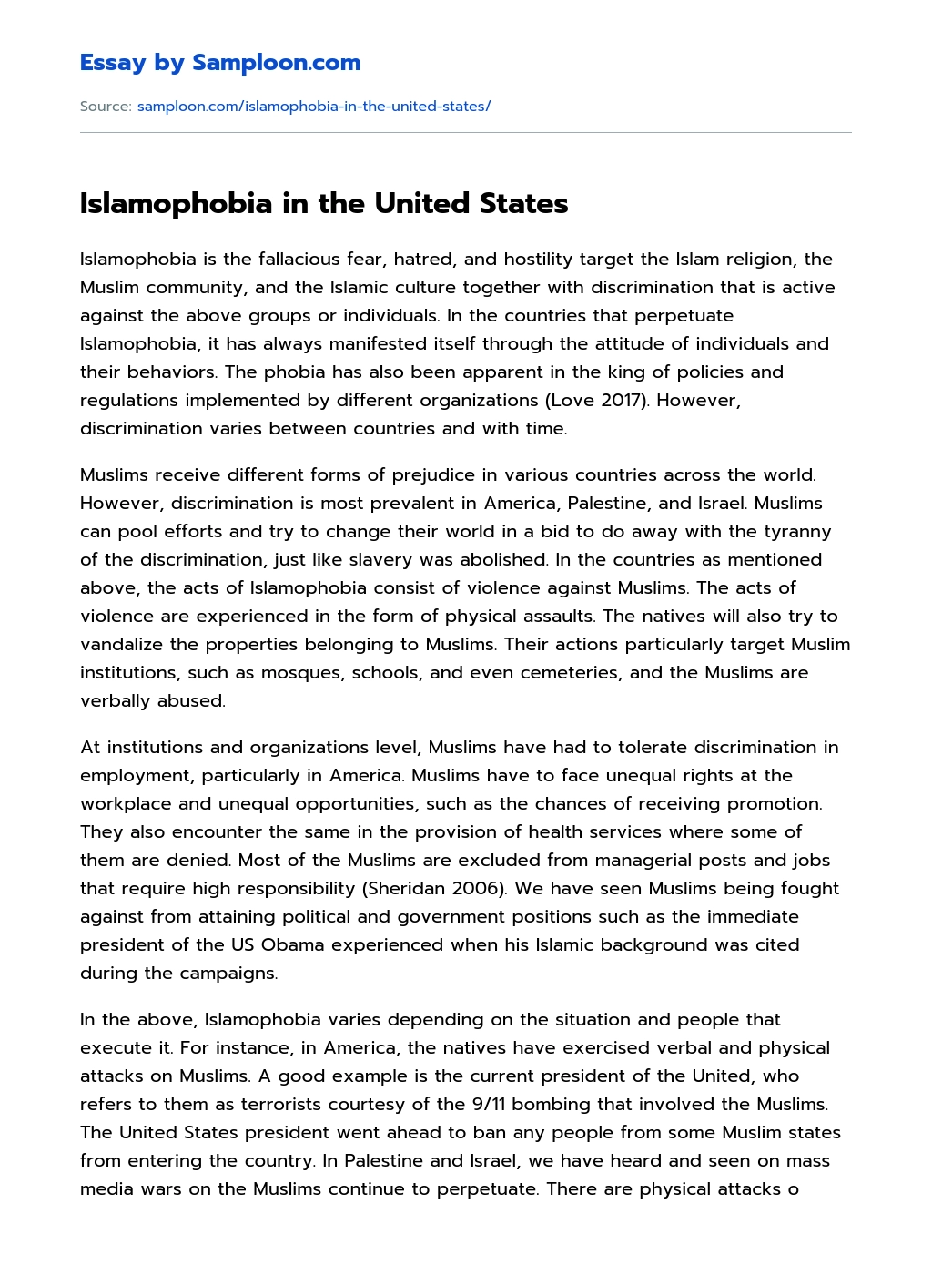 Islamophobia in the United States essay