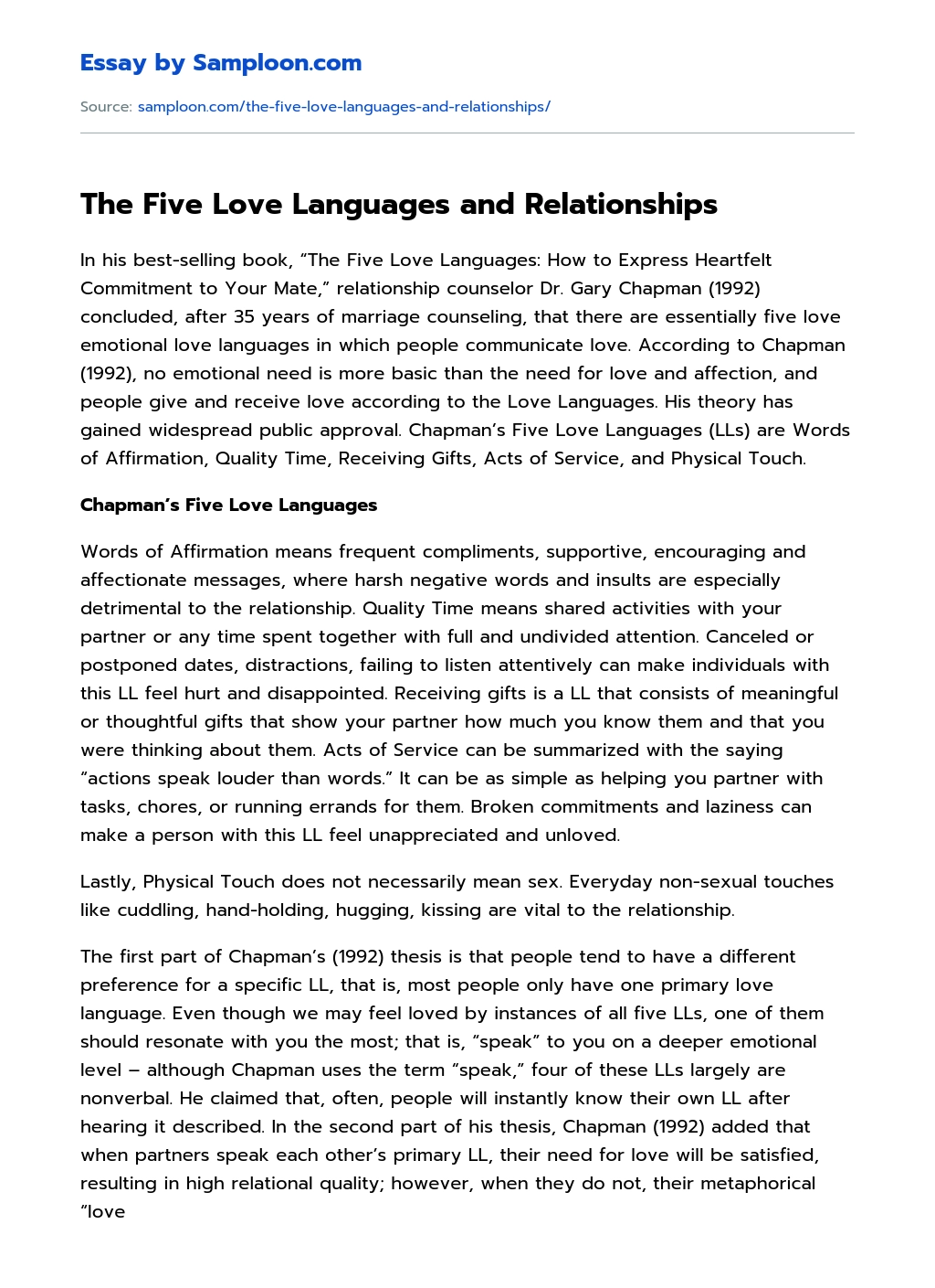 The Five Love Languages and Relationships essay