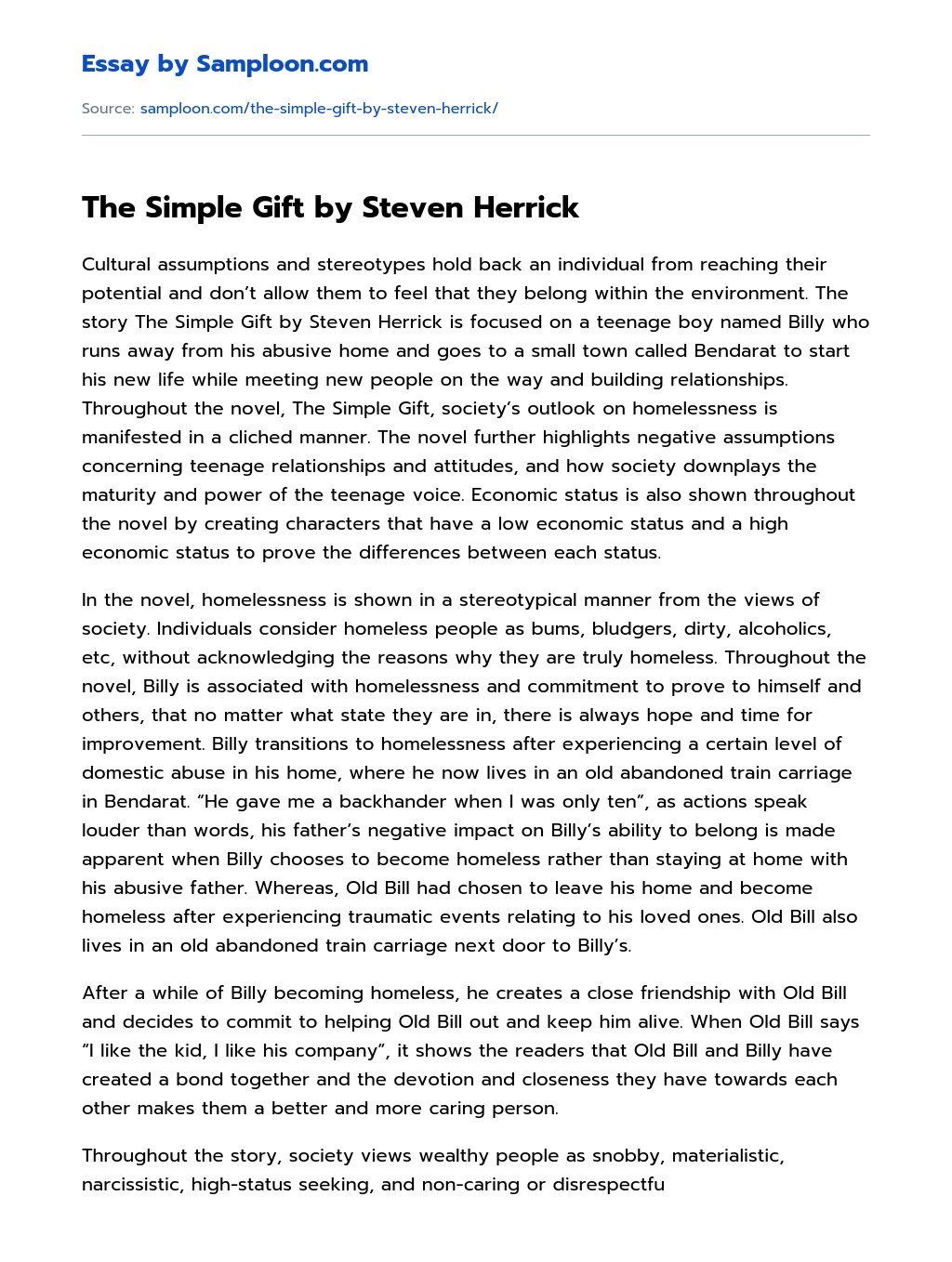 The Simple Gift by Steven Herrick essay