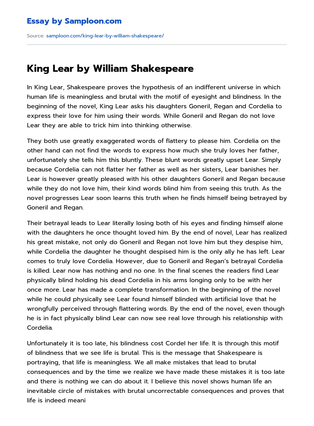 King Lear by William Shakespeare essay