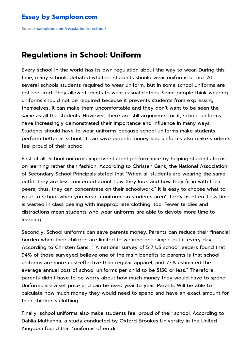 Regulations in School: Uniform Argumentative Essay essay