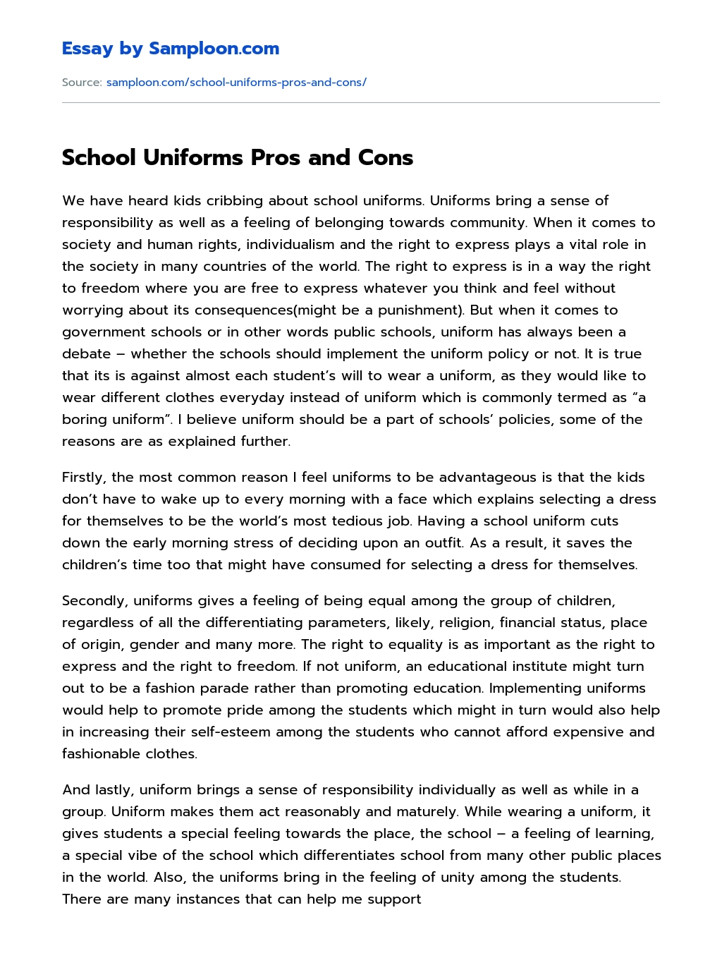 School Uniforms Pros and Cons essay
