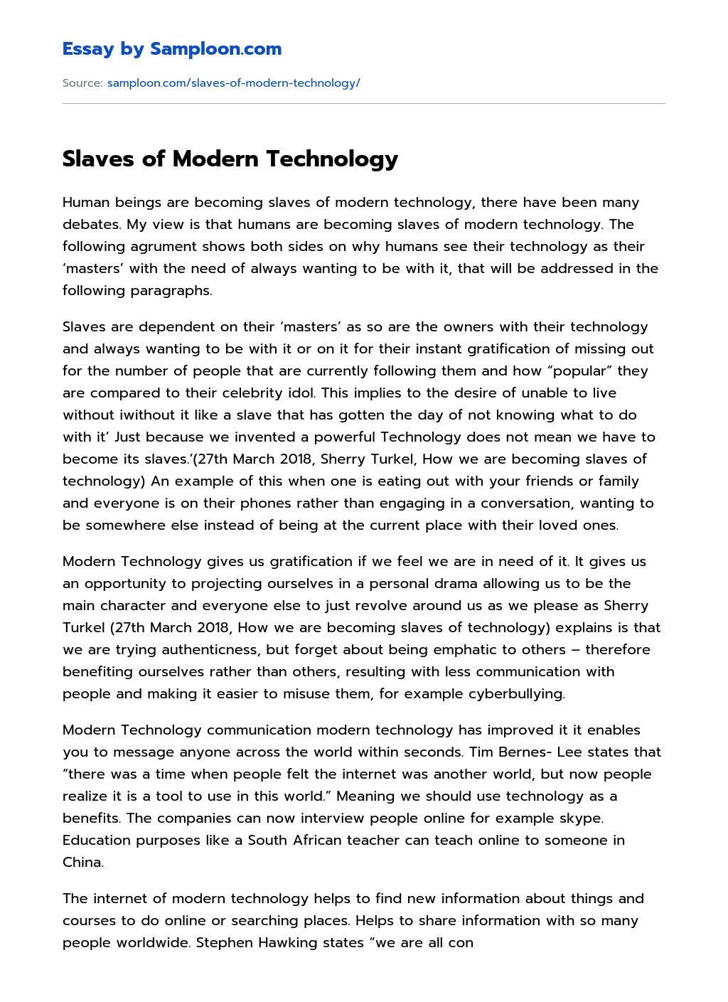 Slaves of Modern Technology Argumentative Essay essay