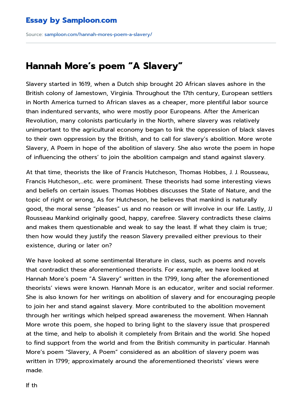 Hannah More’s poem “A Slavery” Analytical Essay essay