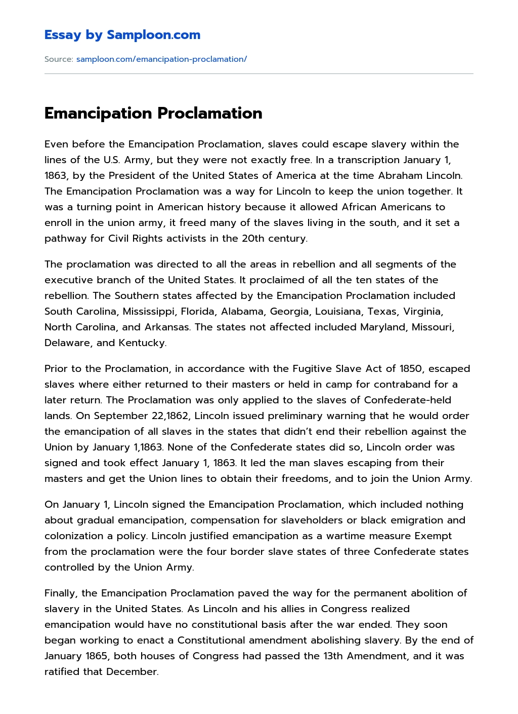 Emancipation Proclamation essay