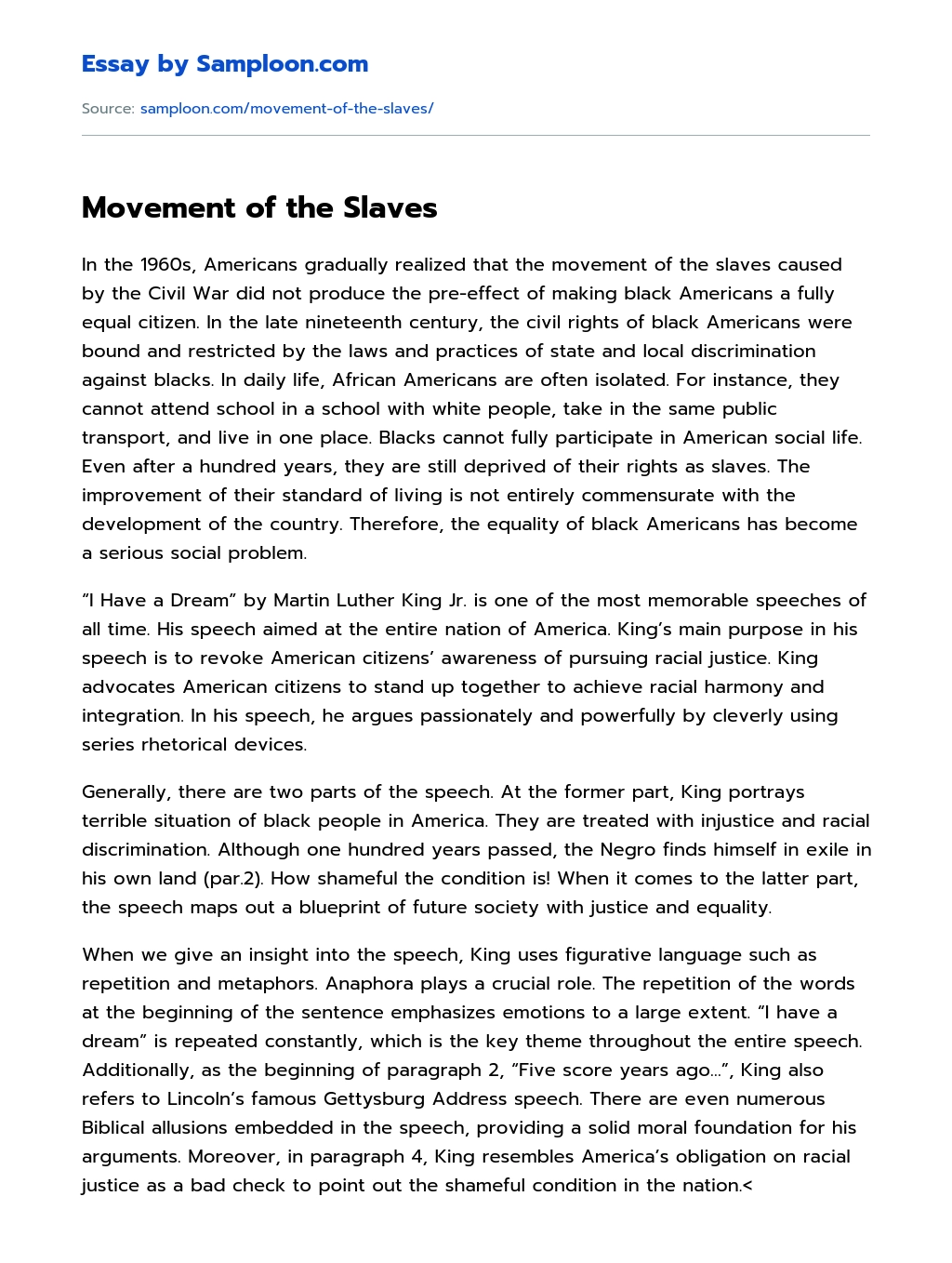 Movement of the Slaves essay