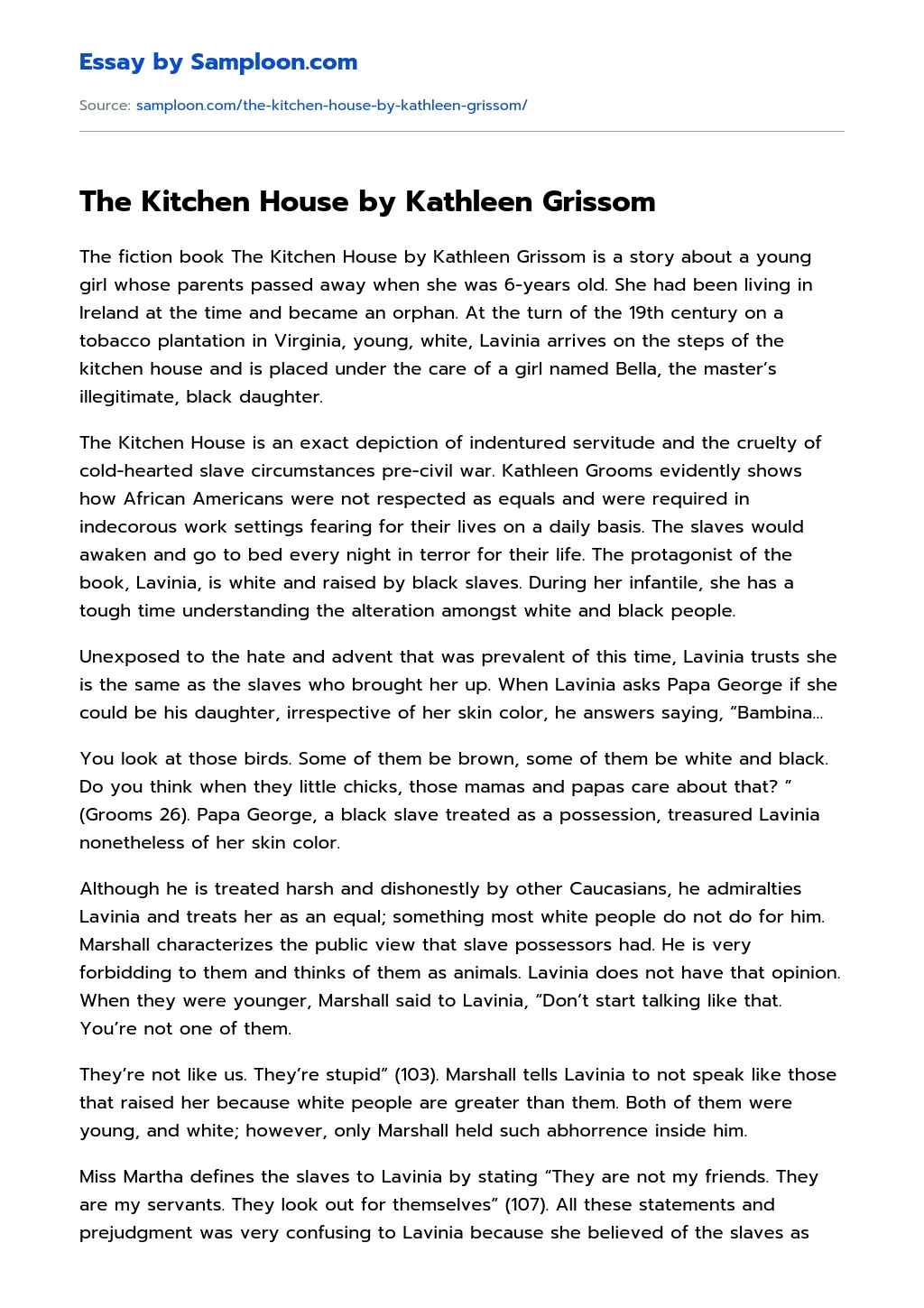 The Kitchen House by Kathleen Grissom essay