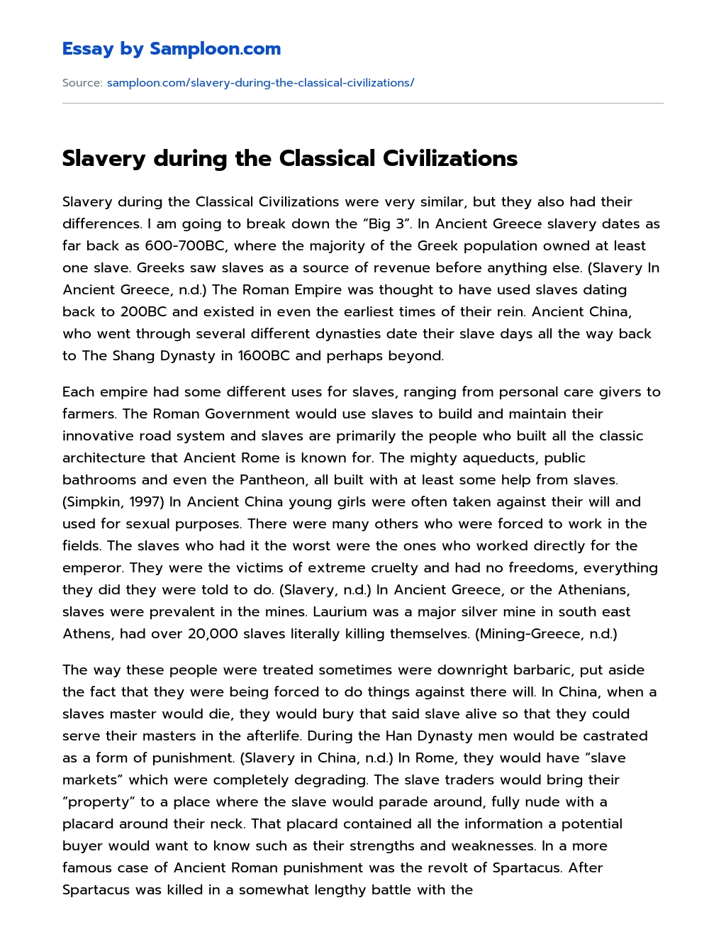 Slavery during the Classical Civilizations essay