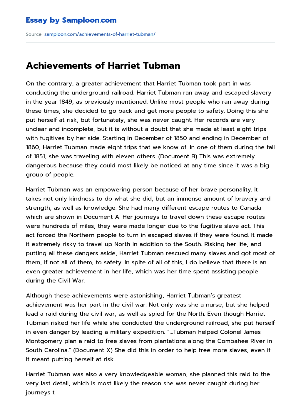 Achievements of Harriet Tubman essay