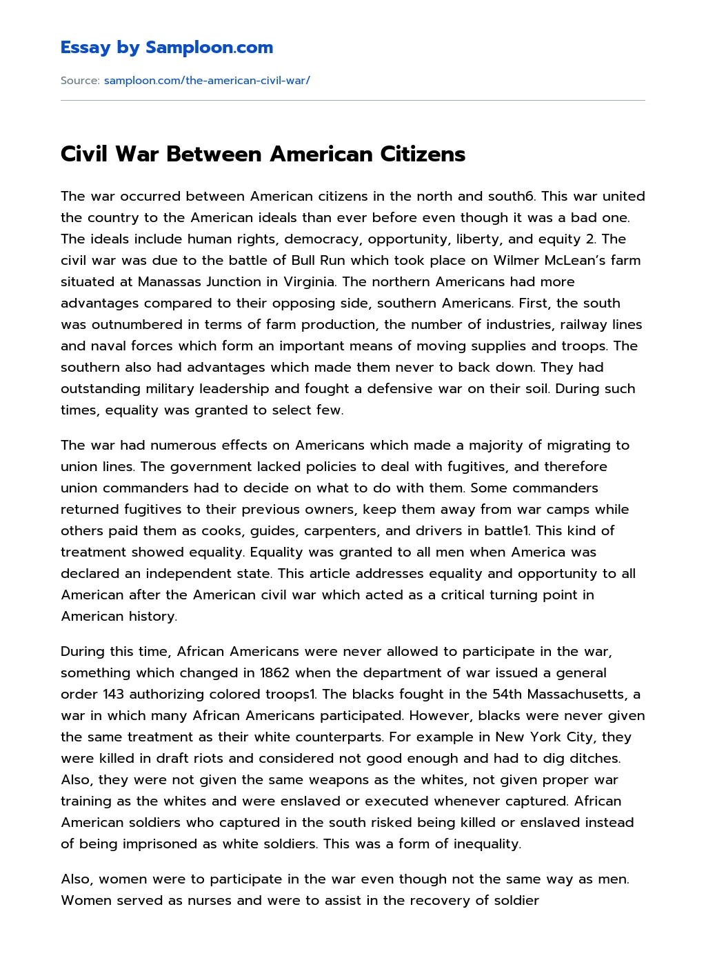 Civil War Between American Citizens essay
