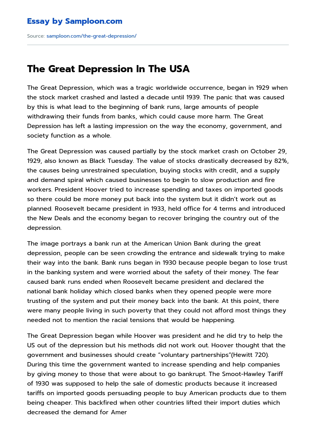 The Great Depression In The USA essay