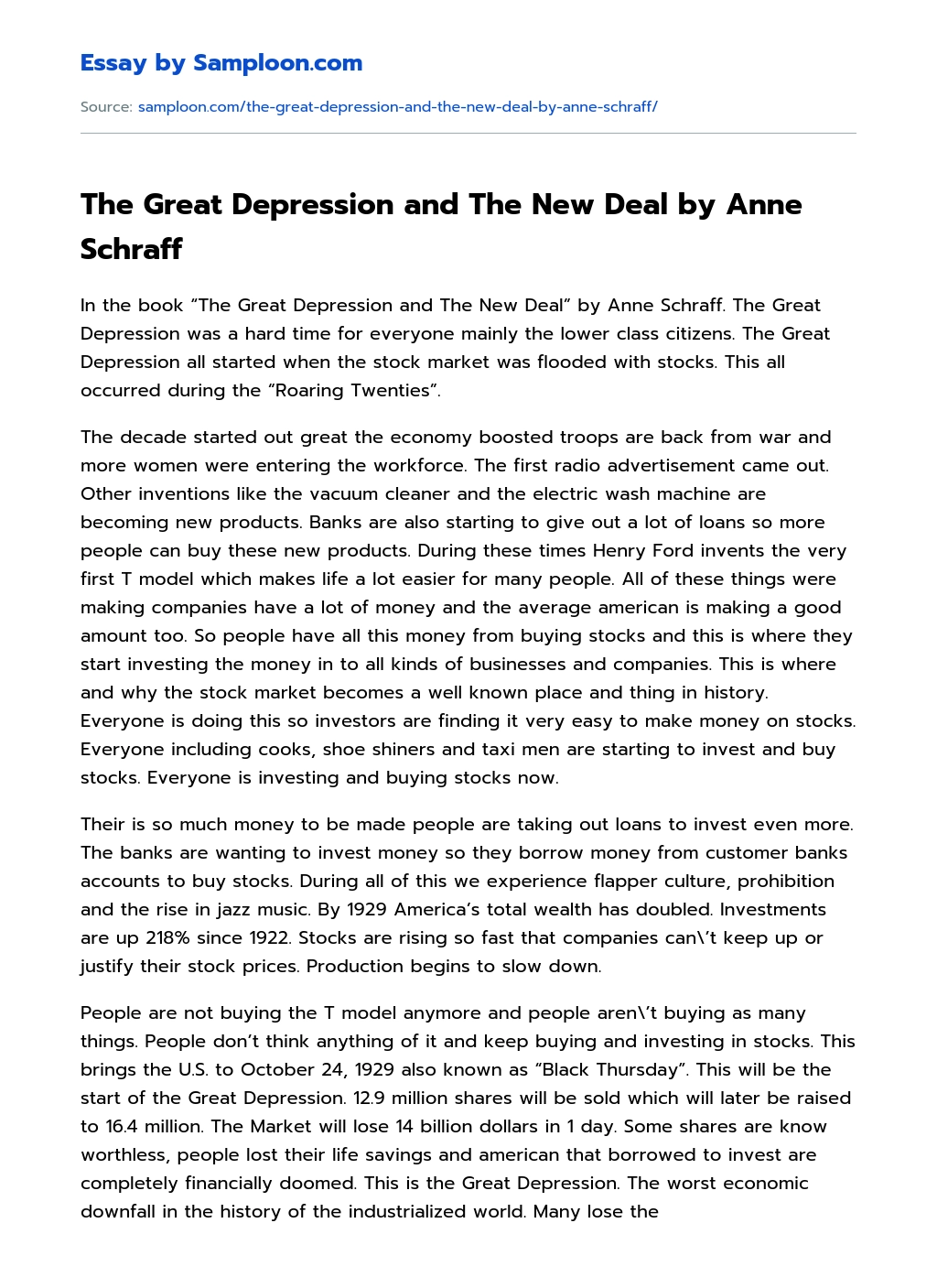 The Great Depression and The New Deal by Anne Schraff essay