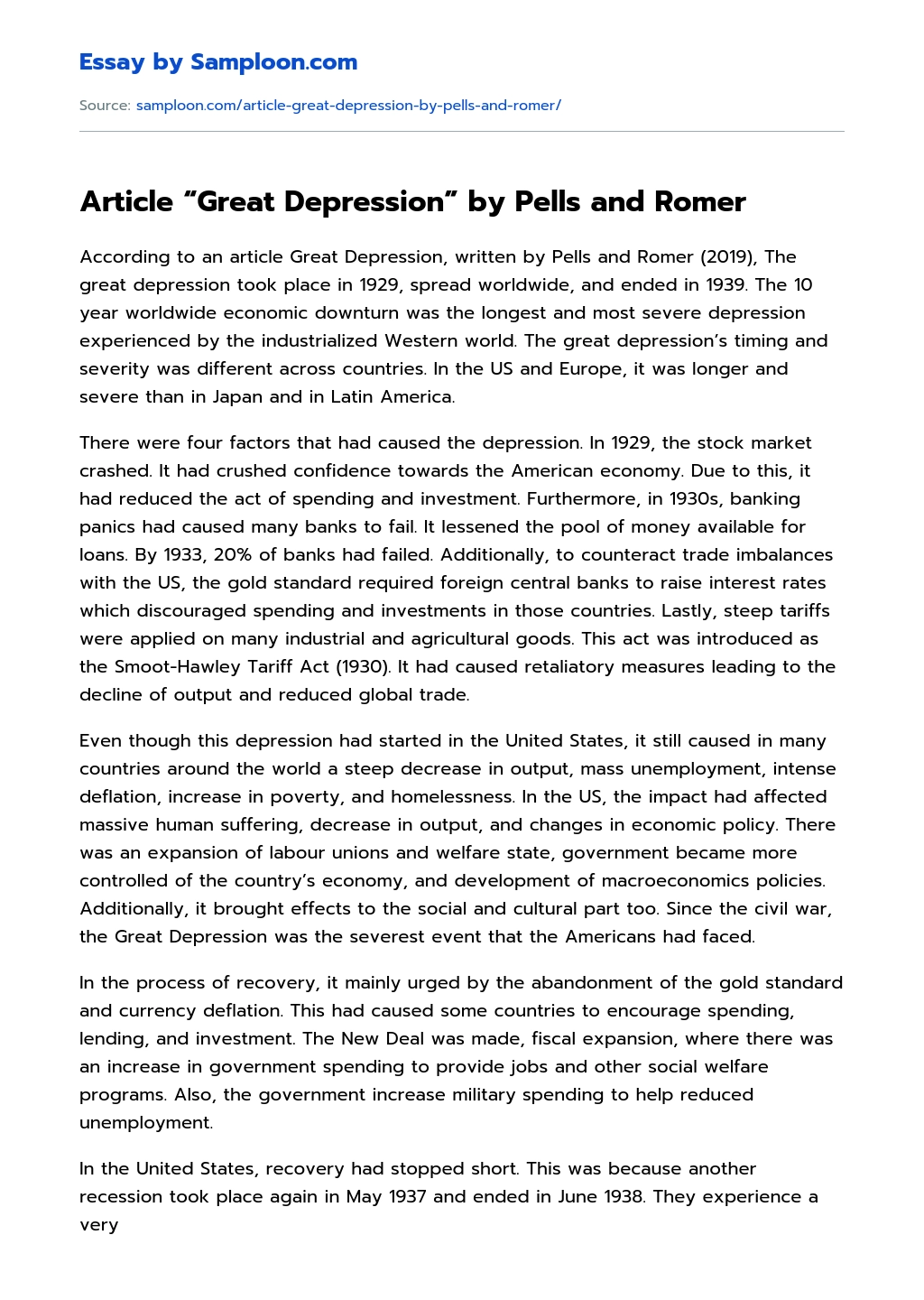 Article “Great Depression” by Pells and Romer Research Paper essay