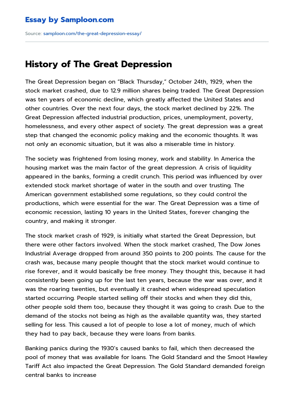 History of The Great Depression essay