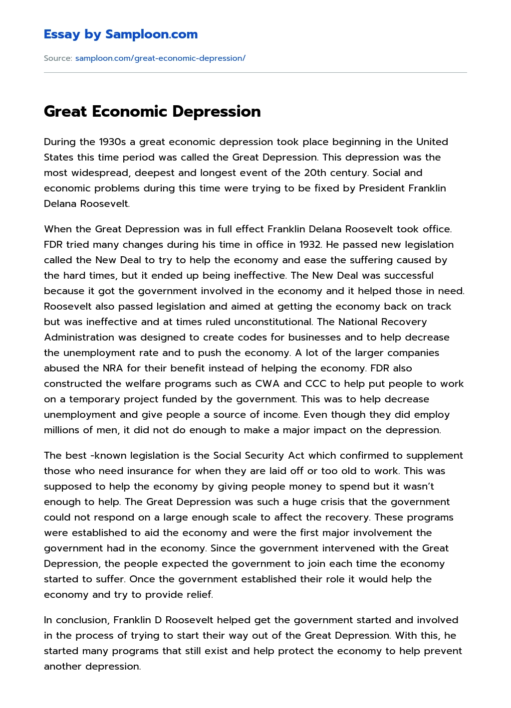 Great Economic Depression essay