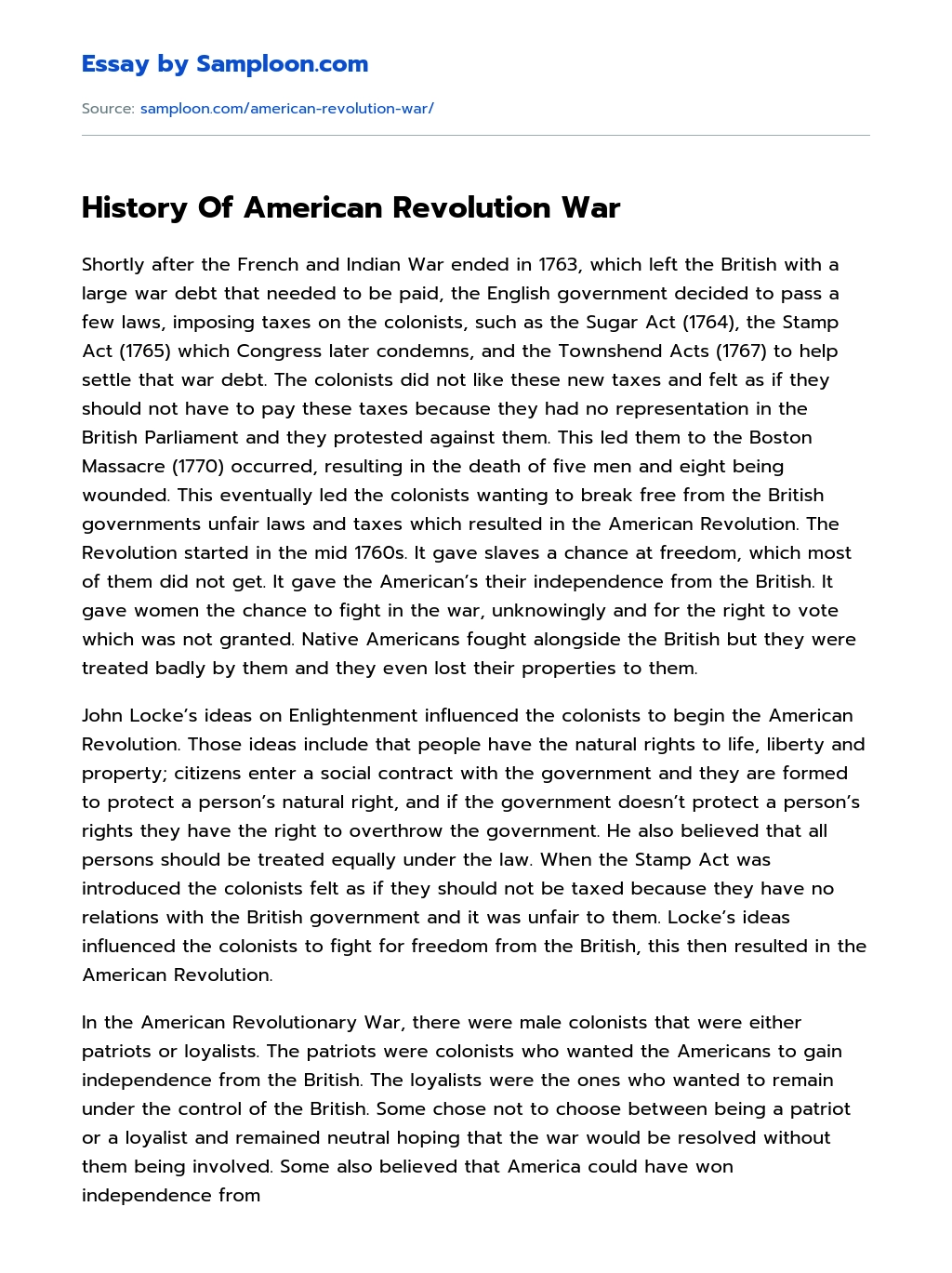History Of American Revolution War essay