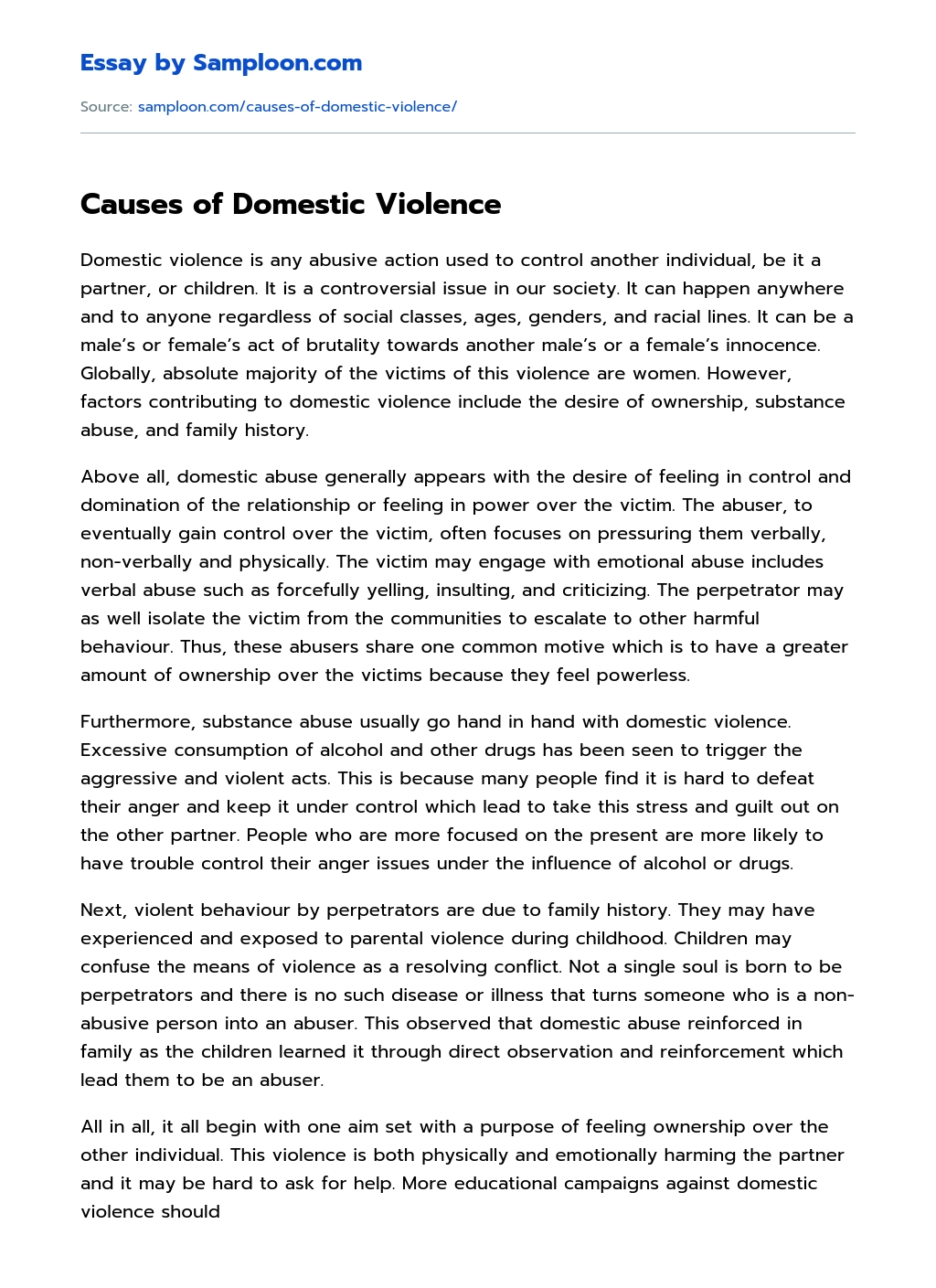 Causes of Domestic Violence essay