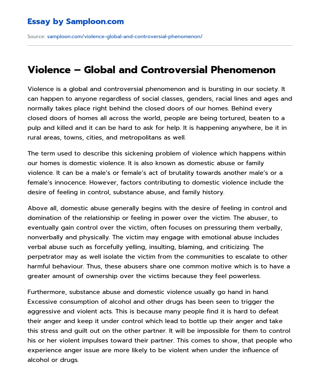 Violence – Global and Controversial Phenomenon essay