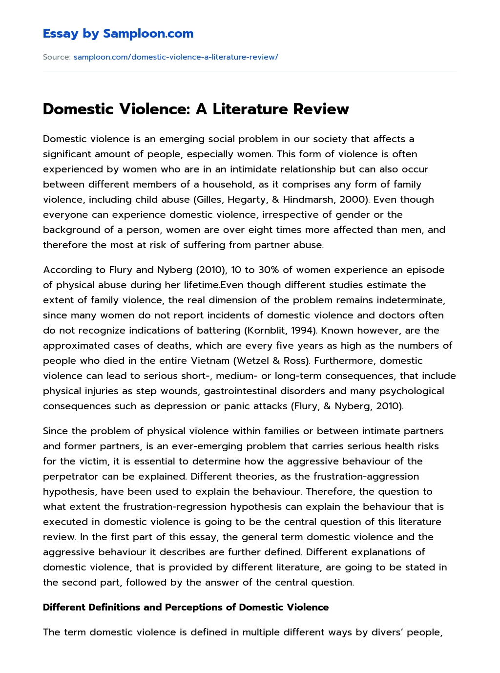 Domestic Violence: A Literature Review Argumentative Essay essay