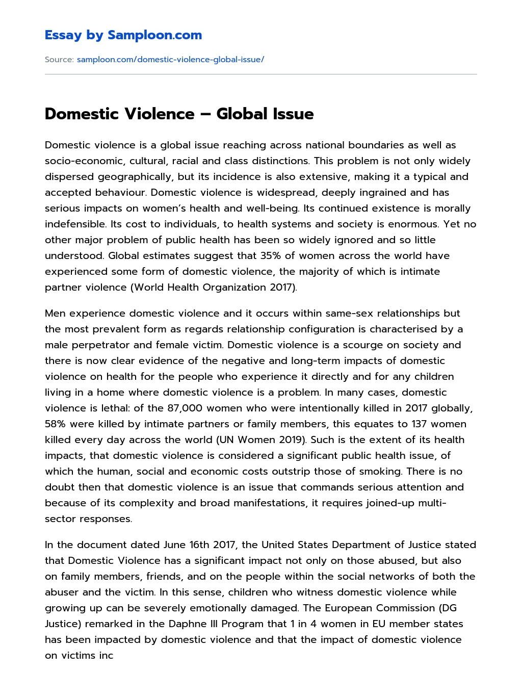 Domestic Violence – Global Issue essay