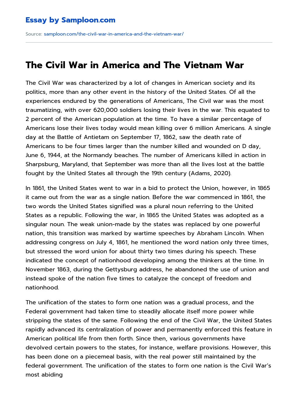 The Civil War in America and The Vietnam War essay