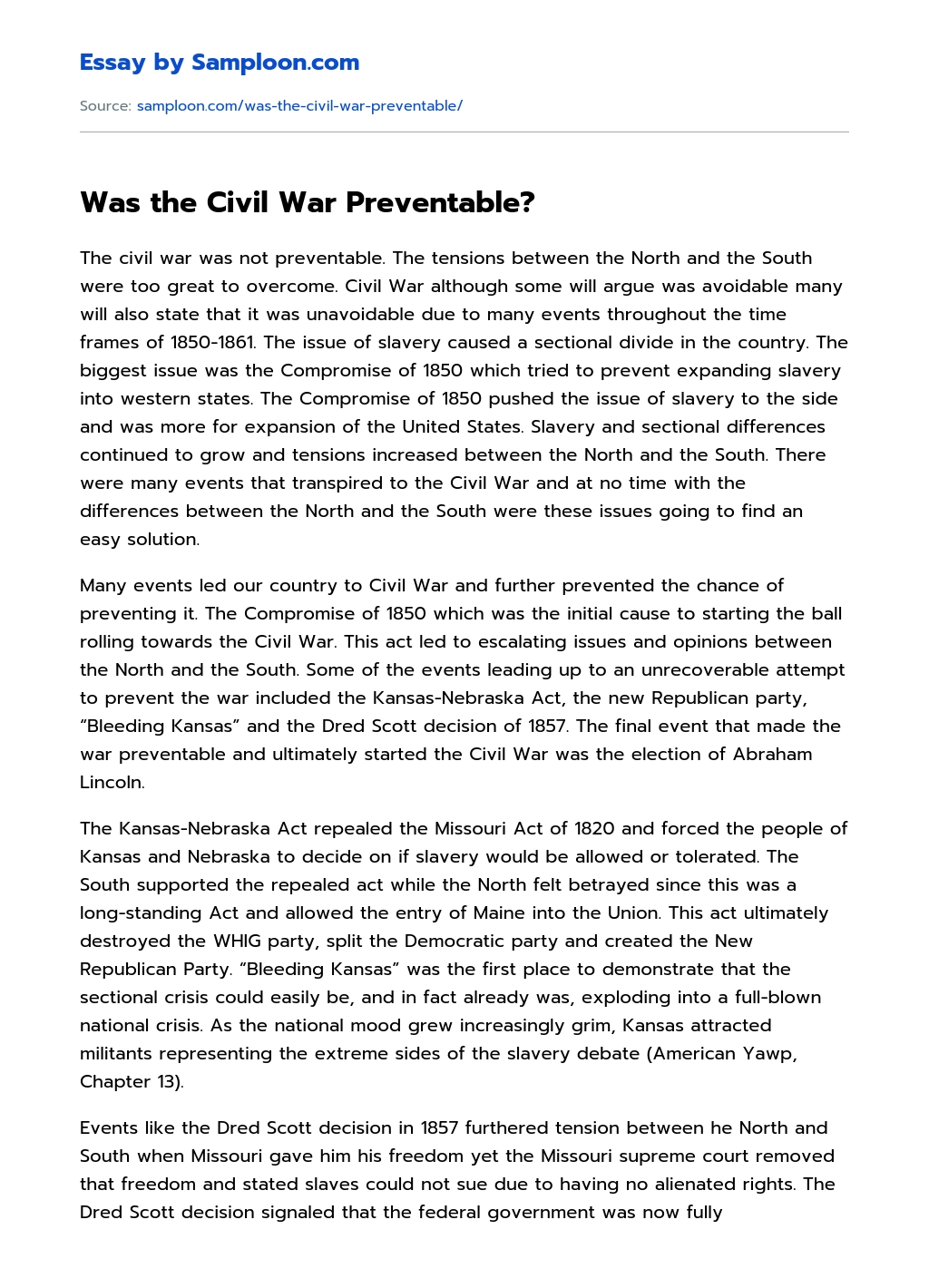 Was the Civil War Preventable? essay