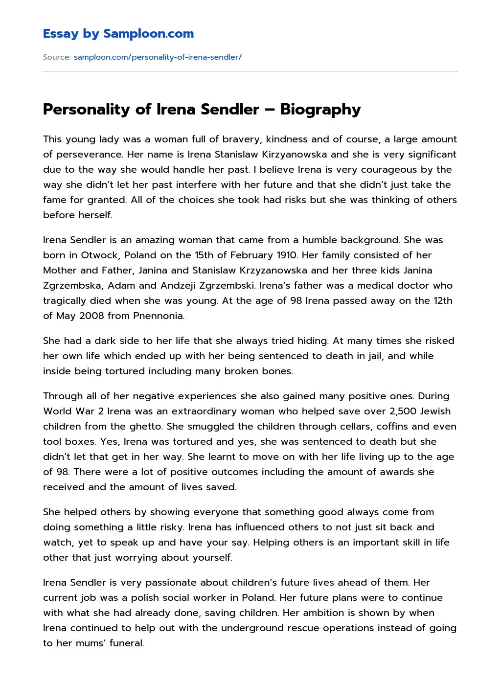 Personality of Irena Sendler – Biography essay