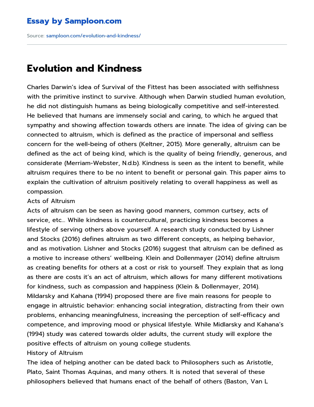 Evolution and Kindness essay