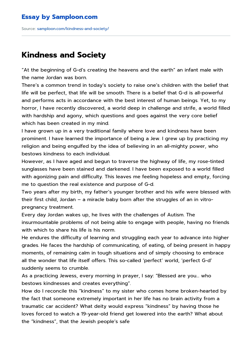 Kindness and Society Argumentative Essay essay