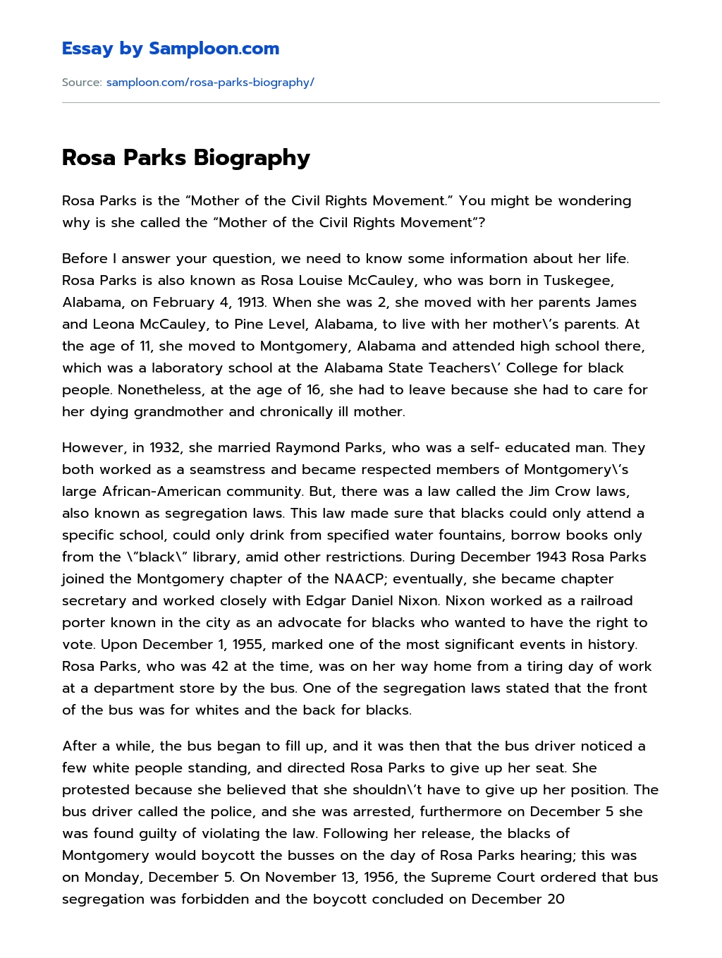 Rosa Parks Biography essay