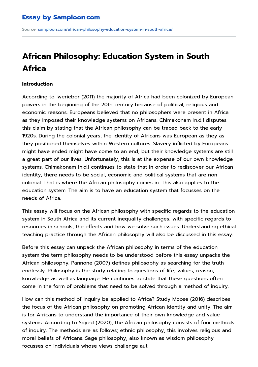 African Philosophy: Education System in South Africa Argumentative Essay essay