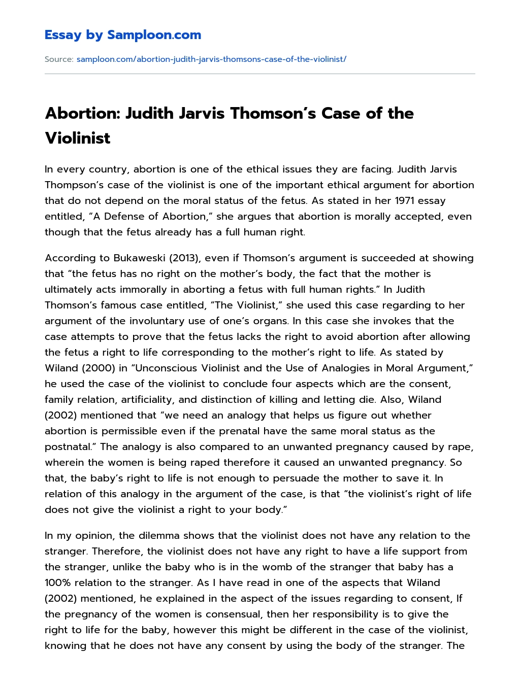 Abortion: Judith Jarvis Thomson’s Case of the Violinist Summary essay
