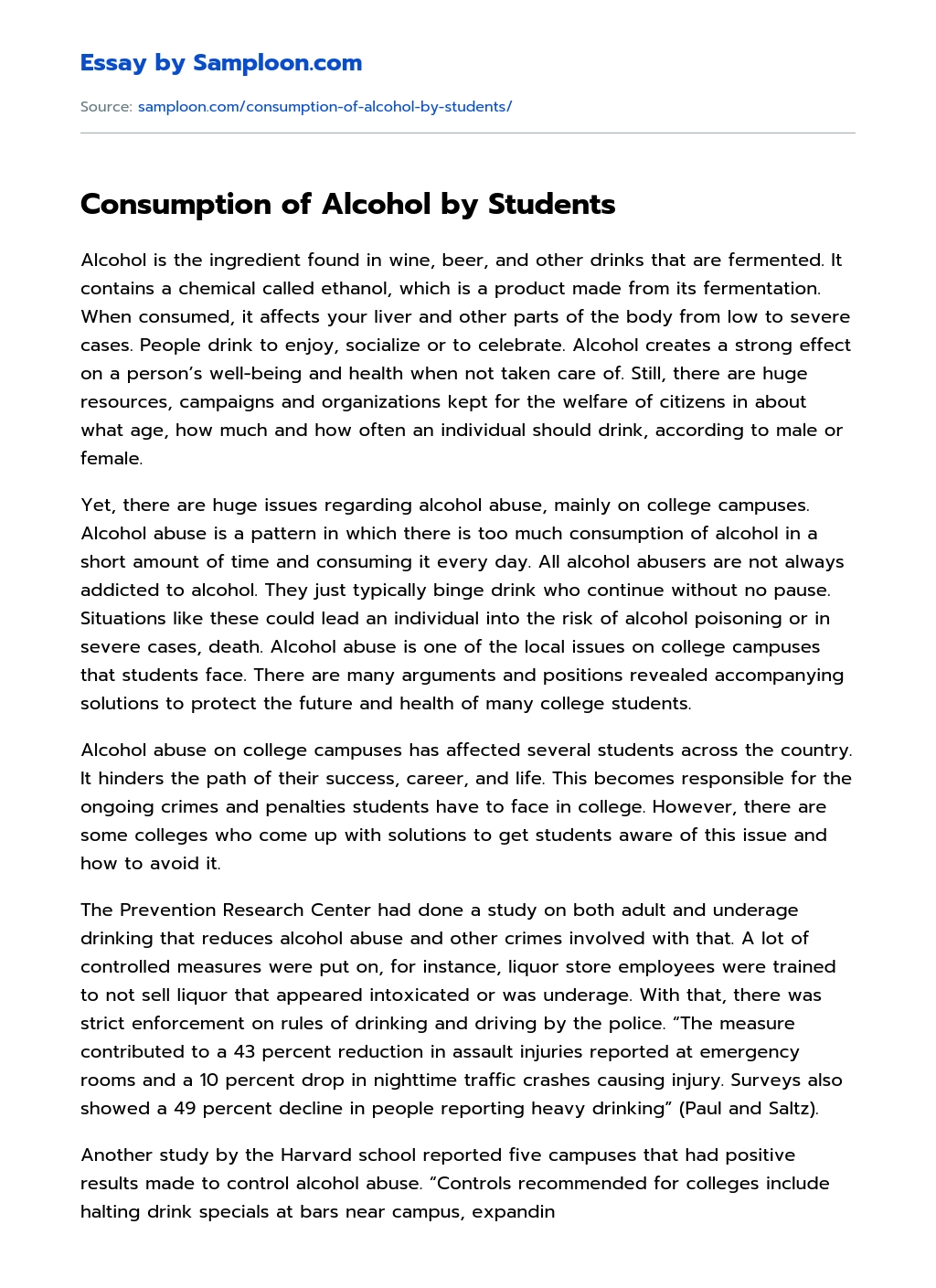 Consumption of Alcohol by Students essay