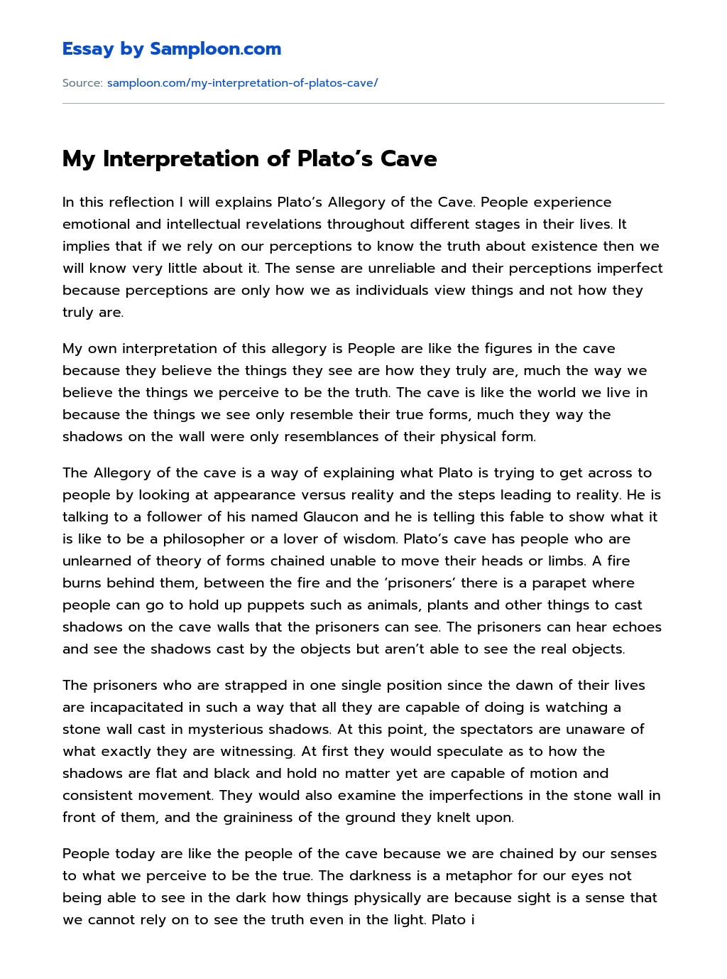 My Interpretation of Plato’s Cave Character Analysis essay