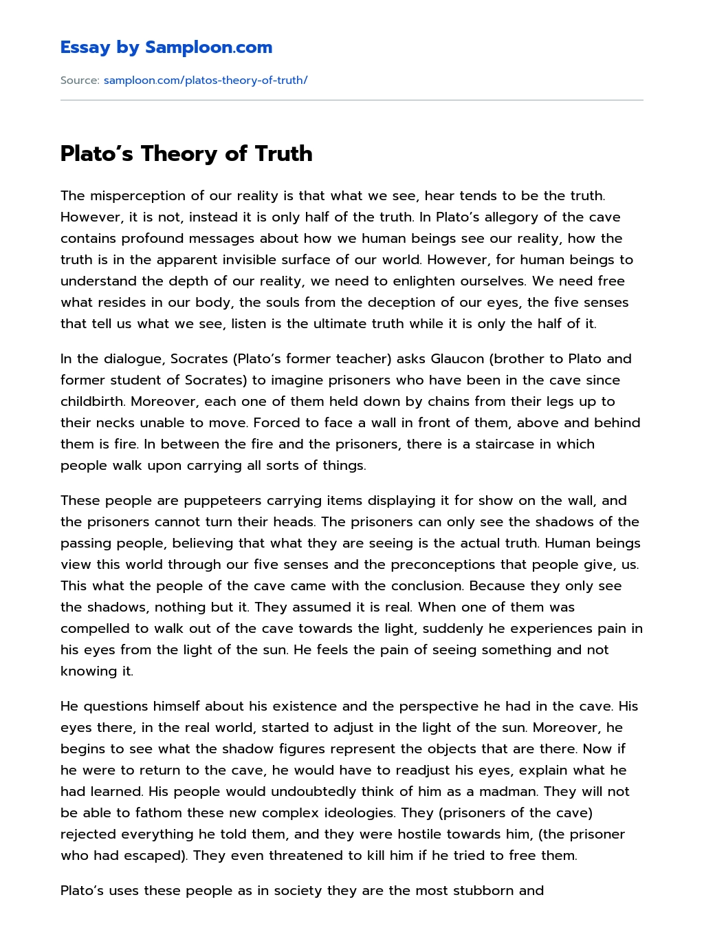Plato’s Theory of Truth Argumentative Essay essay