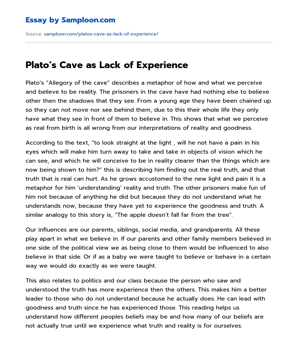Plato’s Cave as Lack of Experience essay