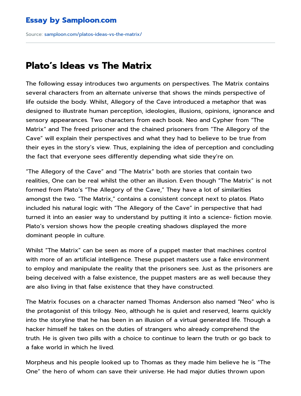 Plato’s Ideas vs The Matrix essay
