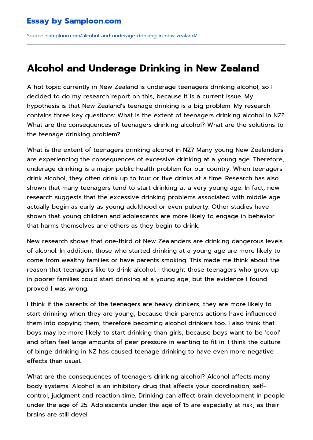 Alcohol and Underage Drinking in New Zealand Research Paper essay
