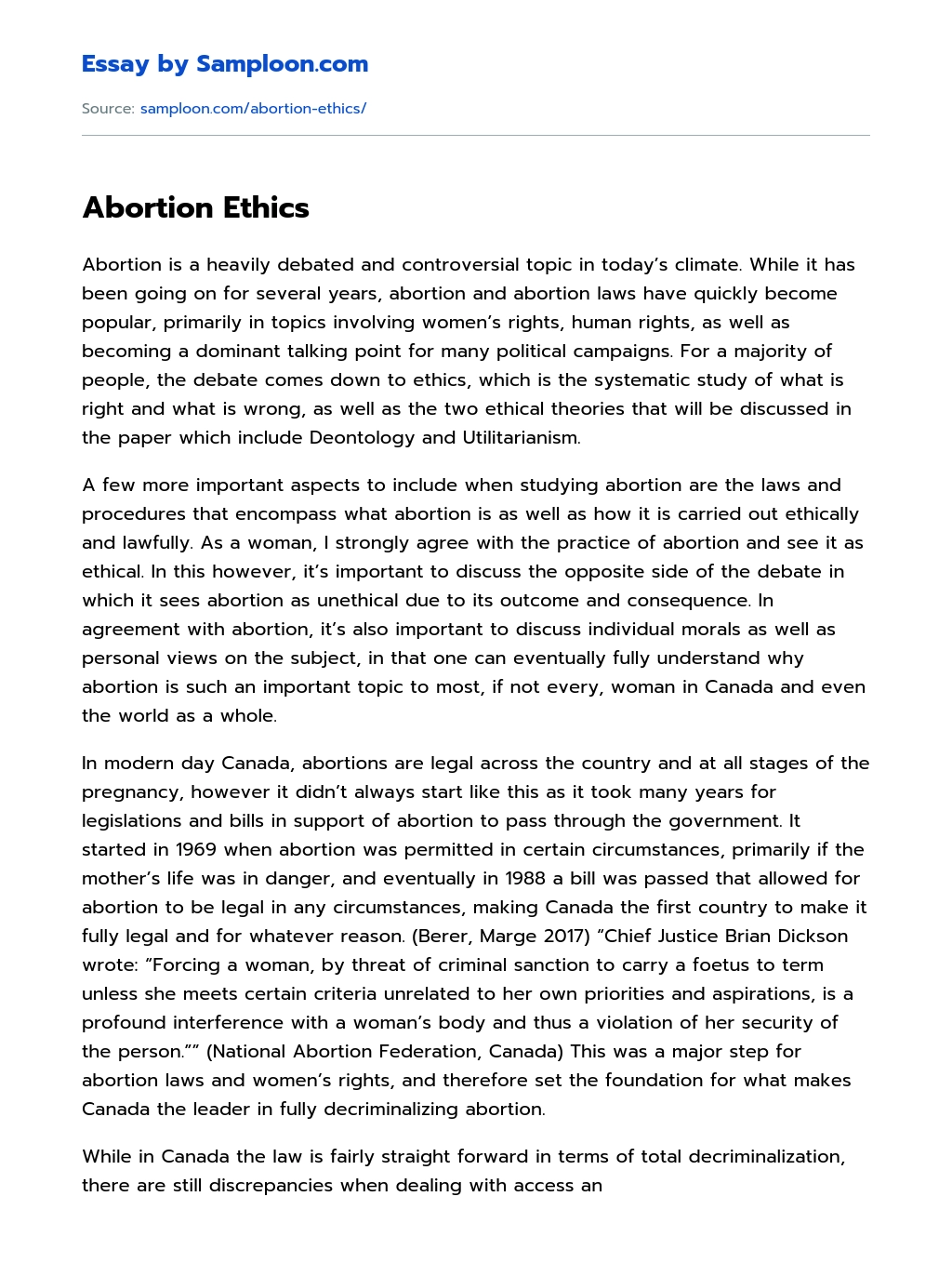 Abortion Ethics essay