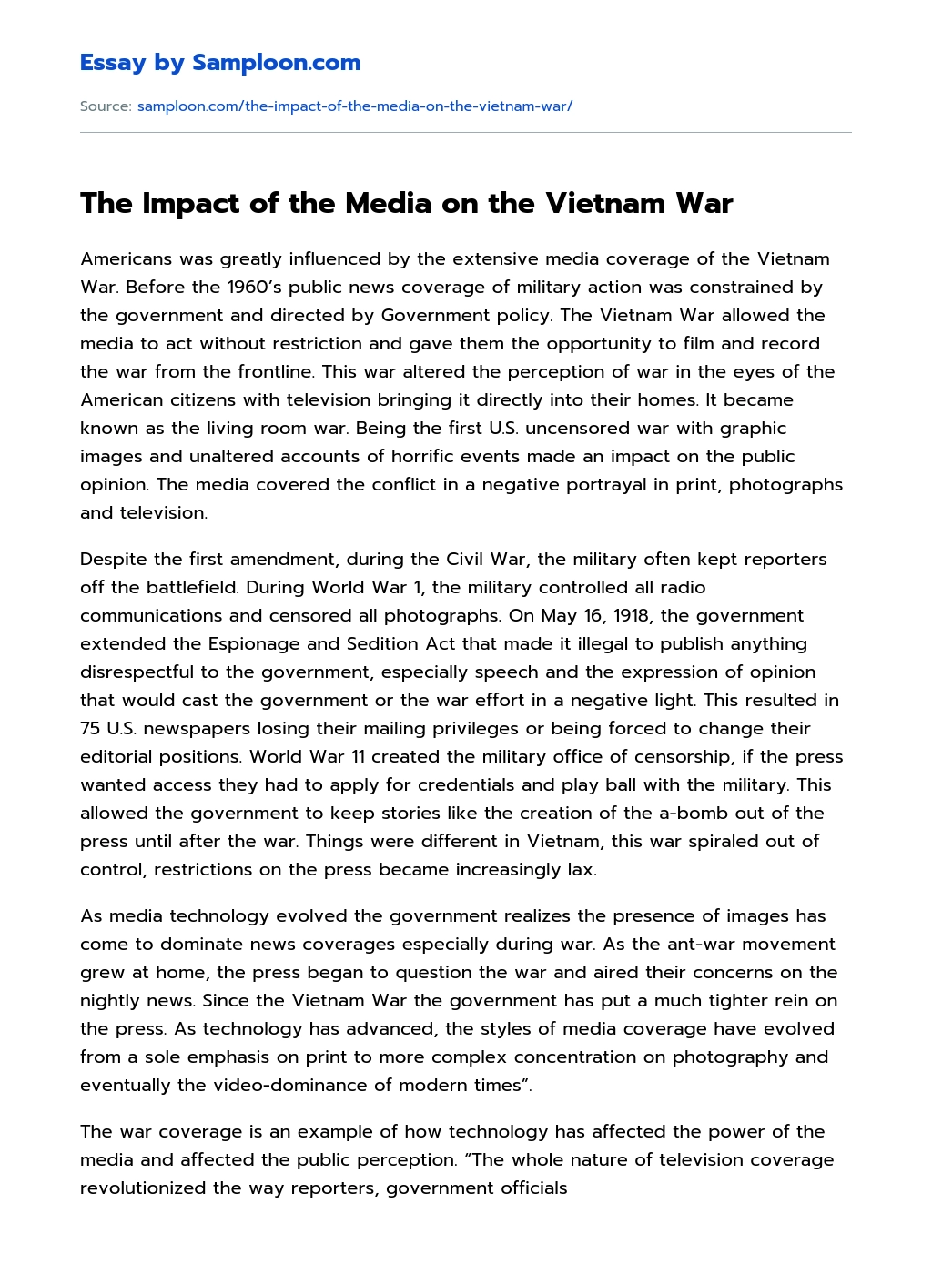 The Impact of the Media on the Vietnam War essay