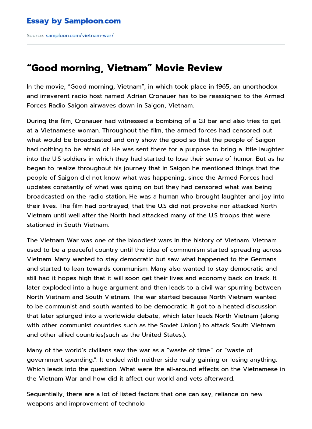 “Good morning, Vietnam” Movie Review Character Analysis essay